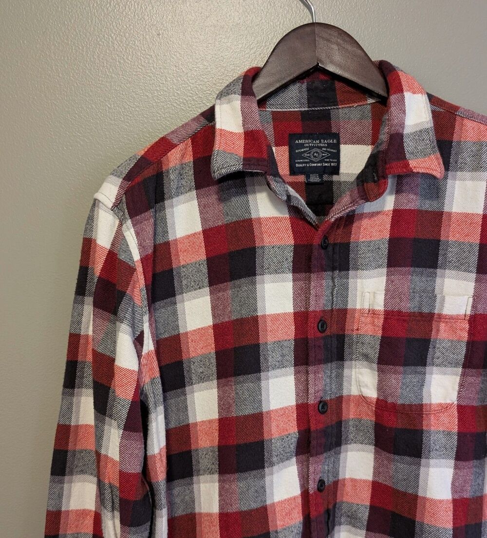 American Eagle Flannel Shirt Mens Medium Red White Plaid Long Sleeve Heavy AE